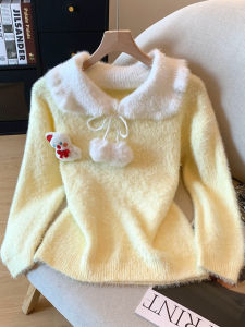 Autumn Winter Womens Long Sleeve Doll Collar Sweater Soft Mouton 3D Knitted Snowman Top Comfortable Straight Cut Commute Style