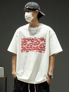 เสื้อยืดคู่รักคอตตอนแท้แขนสั้นลายปากแฟชั่นฤดูร้อนสำหรับผู้ชาย ทรงหลวม สไตล์อเมริกัน คอกลม ลำลอง ระบายอากาศได้ดี