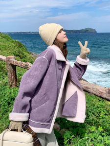 Womens Purple Lamb Fur Jacket Loose Motorcycle Thickened Autumn Winter New Korean Style Warm Polyester Fiber Coat Zipper Pocket