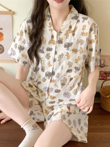 ชุดนอนพิมพ์ลายเกาหลี INS น่ารักสําหรับผู้หญิงฤดูร้อนเสื้อผ้าบ้านผ้าฝ้ายแท้เหมาะสําหรับนักเรียนและสามารถสวมใส่ข้างนอกได้