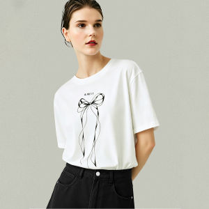 AMII | Áo Thun Cotton In Chấm Bi Dạng Dốc Có Nơ Dây Vòng Cổ Rộng Tay Xụp