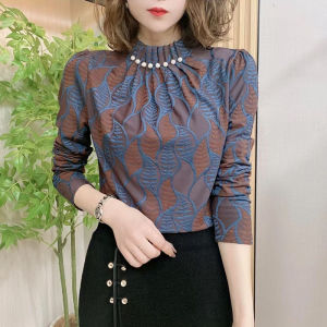 เสื้อเชิ้ตผู้หญิงฤดูใบไม้ร่วง/ฤดูหนาว ปักใบไม้ ตกแต่งด้วยลูกปัด หนา เสื้อคลุมกันหนาวแบบหนา คอตั้ง แขนยาว ปกติ