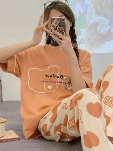 Womens Summer Pure Cotton Short Sleeve Long Pants Sleepwear Thin Two-Piece Set Home Clothes Student Spring Autumn