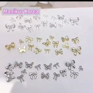 Hiasan kuku alloy 3D logam decorations penataan kuku palsu paduan motif pita cute silver gold emas perak aksessoris diy nail art berbentuk bow busur mewah elegan 10pcs accessories