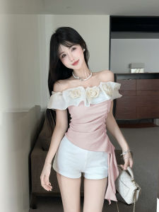 GUZILIAN | Pure Desire Style One Shoulder Flower Sash Short Sleeve T-Shirt Women Summer Design Slimming Waist Effect Sweet Top