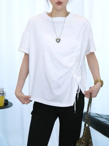 QINGNAER | Oversized Drawstring Ruffled T-shirt