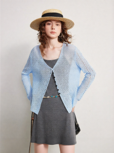Toyouth | Lightweight Loose V-Neck Hollow Out Early Autumn Vacation Blue Knitted Cardigan