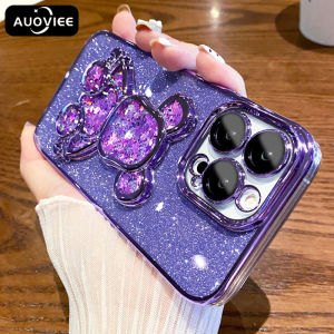 AUOVIEE With Lens Film Bling bling Quicksand Glitter Bear Phone Case for iPhone 14 15 16 Pro Max X Xs Max X Plus Luxury Cute Plating Cases for iPhone 11 12 13 ProMax