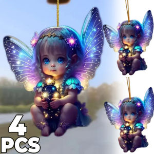 4PCS Cute Magic Elf Car Pendant Acrylic Angel Rearview Mirror Hanging Decoration Keychain Backpack Pendant Car Ornament Accessories