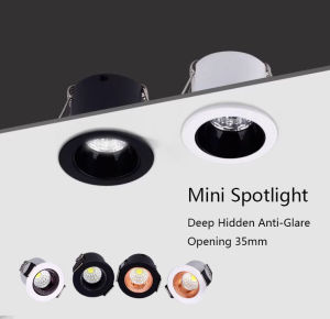 Dimmable Black White Anti-Glare Mini led Narrow Side Small Spotlight Embedded Ceiling Light 3W Hole 3cm 30mm