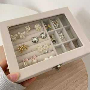 Large capacity flannelette jewelry box ring necklace earring storage box advanced sense portable dustproof box
