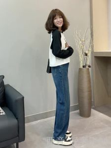 Fall Winter New Style Womens Fleece Lined Slim Straight Wide Leg Jeans High Waist Long Cotton Blend Wear Resistant Trousers