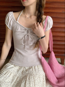 imimtuan | Charmingly Innocent Mock Two-piece Necktie Blouse Slim Fit Female Short Sleeve Summer New Style