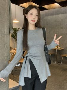 Plus Size Plus Size Ladies Asymmetrical Side Slit Strap Shoulder Long Sleeves T-shirt Female New Arrival Niche Style Slim Fit Slimming Top Fashion