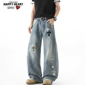 CHARLES JANGS HAPPY HEART | Retro Cross Heart Print Mens Straight Leg Jeans