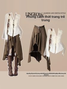 NUMEN BUTTON | Bộ Áo Blouse và Chân Váy buộc eo kiểu Pháp Bohemian Thời Trang