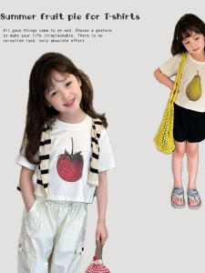 Cute Fruit Short Sleeve T-Shirt Hand-Painted Pear Design Strawberry Shortie Top for Girls Childrens Clothing Cotton Summer Tee