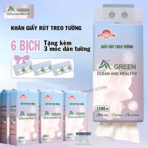 Thùng 6 bịch khăn giấy rút AK GREEN treo tường giấy vệ sinh 4 lớp 1200 tờ siêu dai và mềm mịn (kèm móc dán)