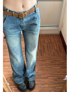 กางเกงยีนส์ทรงตรงเอวต่ำสไตล์ย้อนยุคสไตล์อเมริกันสำหรับผู้หญิง กางเกงขายาวทรงสลิมฟิตสำหรับผู้หญิง สไตล์ฤดูใบไม้ผลิ 2025