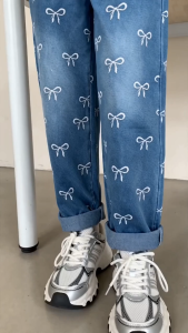 Girls Jeans 2026 New Bow Print Straight Leg Joggers Korean Style Summer Mosquito-Proof Pants