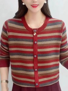 plus Size Womens Knitted Sweater round Neck Loose Fit Striped Casual Winter Top Korean Style Button Detail Long Sleeve