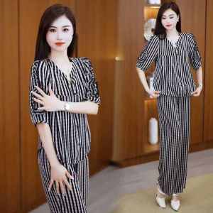 ชุดสองชิ้นลายสก็อตแขนยาวฤดูใบไม้ผลิและฤดูร้อนสำหรับผู้หญิงไซส์ใหญ่ ชุดกระชับสัดส่วนสำหรับคุณแม่วัยกลางคน ชุดแฟชั่น