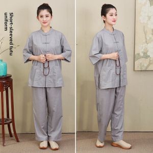 Summer Mid Short Sleeve Lay Buddhist Clothes Womens and Mens Same Mercerized Cotton Gray Suit Meditation Clothing Loose Breathable Plaid Cool