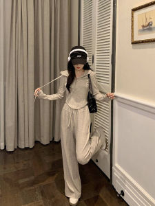 กางเกงขากว้างสบายๆชุดผู้หญิงฤดูใบไม้ผลิฤดูใบไม้ร่วงHooded Vคอเสื้อกีฬา 2 ชิ้นแฟชั่นอินเทรนด์ชุด