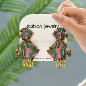 Enamel Double Fish Tassel Decor Dangle Earrings For Women Trend Luxury Design Vintage Prom Party Jewelry Accessories Brincos