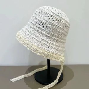 หมวกชาวประมงถักลายลูกไม้แบบโปร่งแสงสำหรับผู้หญิงในฤดูร้อน หมวกครอบหัวแบบปีกกว้างสำหรับป้องกันแสงแดดและแดด