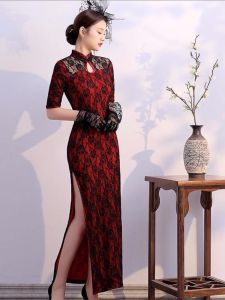 New Mid-Sleeve Long Dance Performance Vintage Cheongsam Dress Ethnic Style High Slit Short Sleeve Maxi Skirt Chinese Fashion