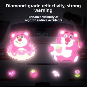 Car Body Decorative Reflective Stickers Cartoon Anime Strawberry Bear Electric Vehicle Reflective Decals Waterproof Sunscreen Scratch Cover