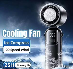 2025 Hanging Ice Pack Handheld High-speed Fan Folding 100 Speed Infinitely Adjustable Fan Portable For Outdoor Neck