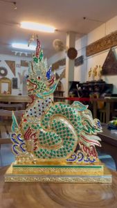 พญานาคไม้แกะสลัก สูง 60 x ฐานกว้าง 42 x ลึก 12.5 cm. นาคราช ไม้แกะสลัก พญานาคมงคล เสริมบารมี ทำจากไม้เนื้อแข็ง ปิดทองเปลว แต่งคริสตัลทั้งชุด งานสวย