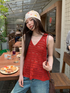 Mixd | Red Lace Hollow Out V-Neck Vest Loose Sleeveless Top