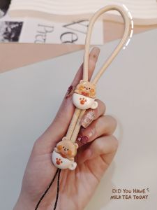 Cartoon Rabbit Bear Milk Tea Dual Decorations Mobile Phone Lanyard Womens High End Handheld Wrist Rope Outdoor Anti-fall Short Travel Photography Hiking Hanging Chain