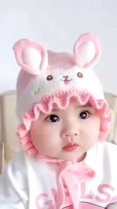 Mũ len tai thỏ dễ thương cho bé 4 màu form trùm đầu giữ ấm hiệu quả thắt dây chắc chắn len co giãn cao cấp