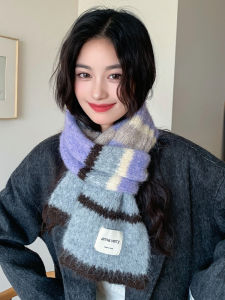 ผ้าพันคอไหมพรมถักสำหรับผู้หญิง ผ้าคลุมไหล่สีบล็อกอบอุ่นสไตล์เกาหลี ผ้าไหมพรมโพลีเอสเตอร์สำหรับฤดูหนาว