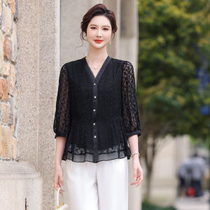 OUSHILU | Embroidered Black Silk Shirt for Women