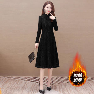 Red Chinese Style Long Sleeve Fleece Lined Thick Dress Commute Style Womens Dress for Autumn Winter New Arrival Ocnltiy Brand