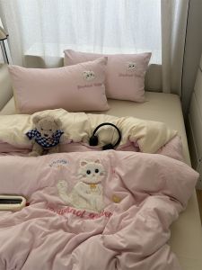 Cat Pattern Bedding Set Twin Size 4pcs Washed Cotton Cute Cat Embroidery Patchwork Bed Sheet Quilt Cover Pillowcase Student Dormitory