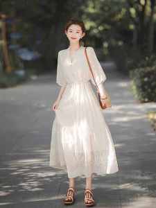 Wendy French Style Gentle Fairy Skirt White Hollow out Long Dress High Waist A-Line Summer Tea Break Dress V-Neck Short Sleeve