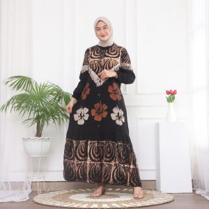 Gamis Batik Malaman Super Premium Twill Sogan Terbaru Kekinian Fashionable - LD 110 CM PB 135 CM (SUKAINI BATIK Bintang Laut Kembang Langit)