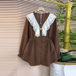 plus Size Womens Shirt V-Neck Bell Sleeve Waist-Cinching Long Sleeve Korean Style Autumn Collection Solid Color Commute Simple