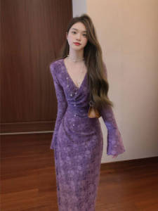 CHANGTONG | French Style V-Neck Waist Cinched Purple Dress