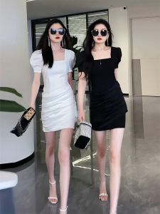 French Style Irregular Solid Color Womens Dress Summer New Bubble Sleeve Pleated Slim Short Wrap around Skirt High Waist