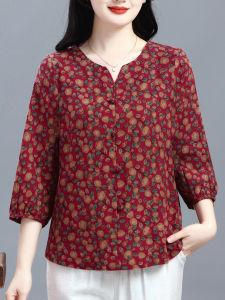 Cotton Linen Seven-Sleeve Retro Print Loose Top