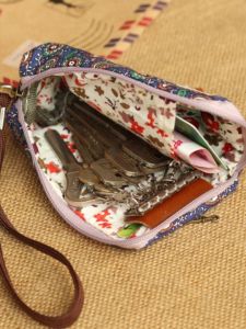 Ladies Key Pouch with Zipper for Lunch Card Bank Card Access Control Card Coin Change Car Lock Key Cotton Mini Floral Pattern