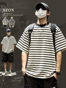 Summer Mens Loose Fit Stripe T-Shirt Short Sleeve Half Sleeve Casual Cotton Tee Trendy Brand New 2025 Five-Quarter Length