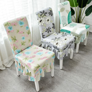 Stretchy Dining Chair Cover Printed Slipcovers With Ruffle Skirt Chair Seat Protector Cover For Dining Room Kitchen Banquet